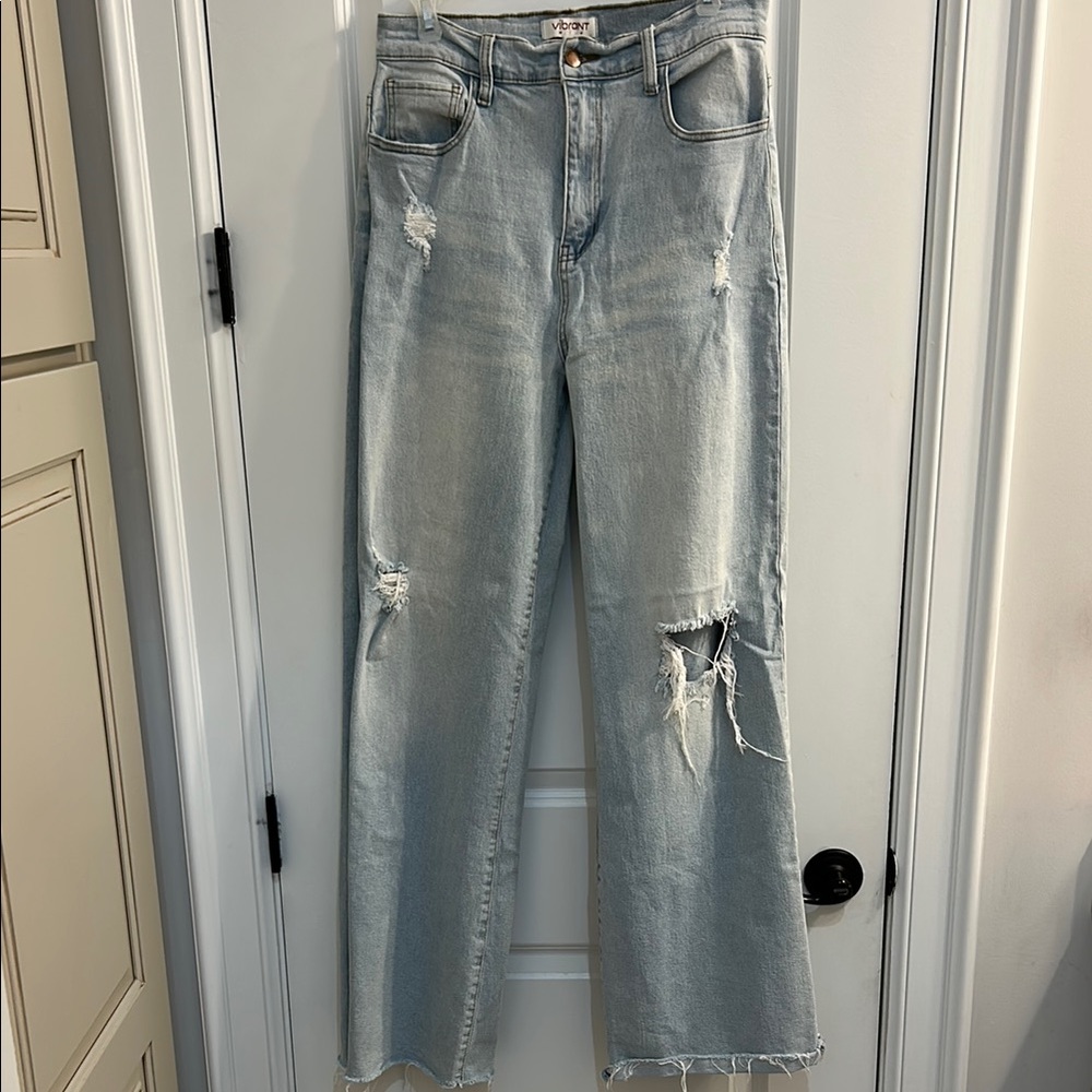 Distressed Light Blue Wide Leg Jeans